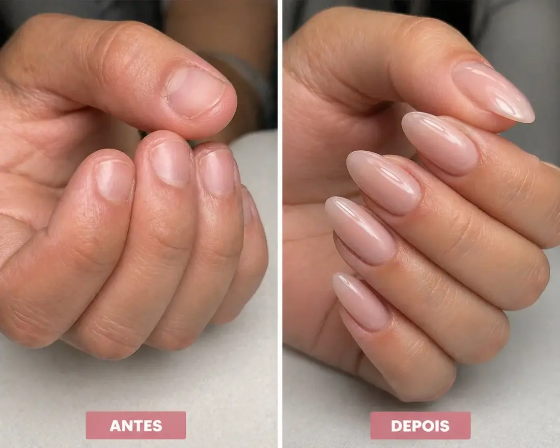 Antes e depois - alongamento almond nude