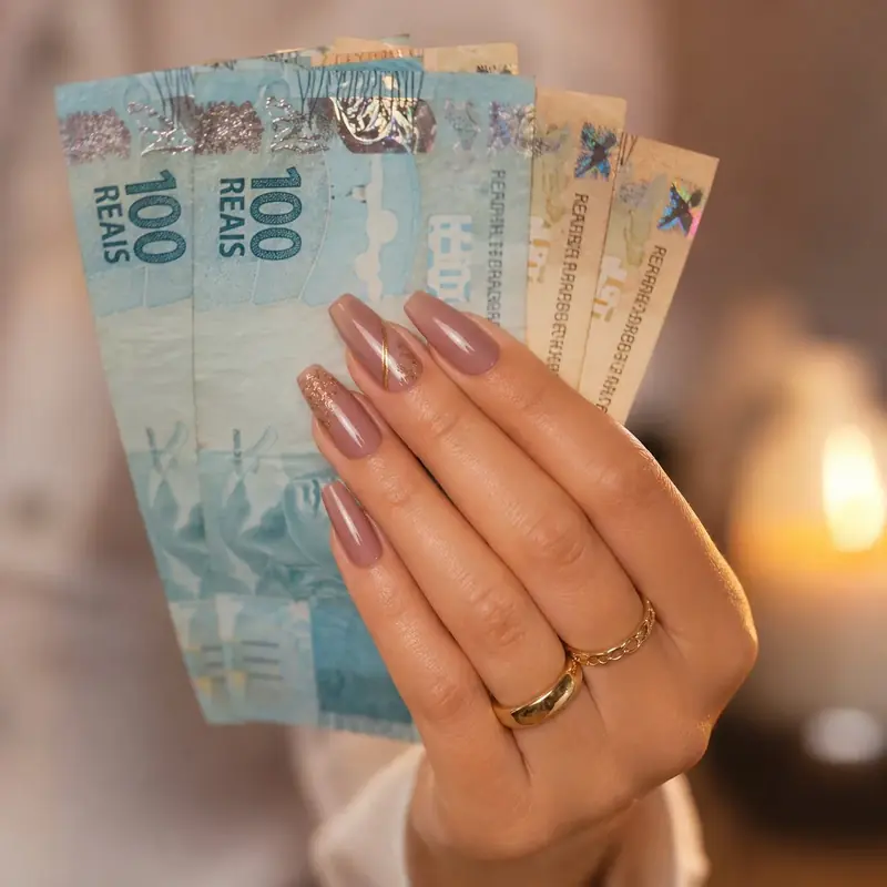 Mão com unhas em gel segurando notas