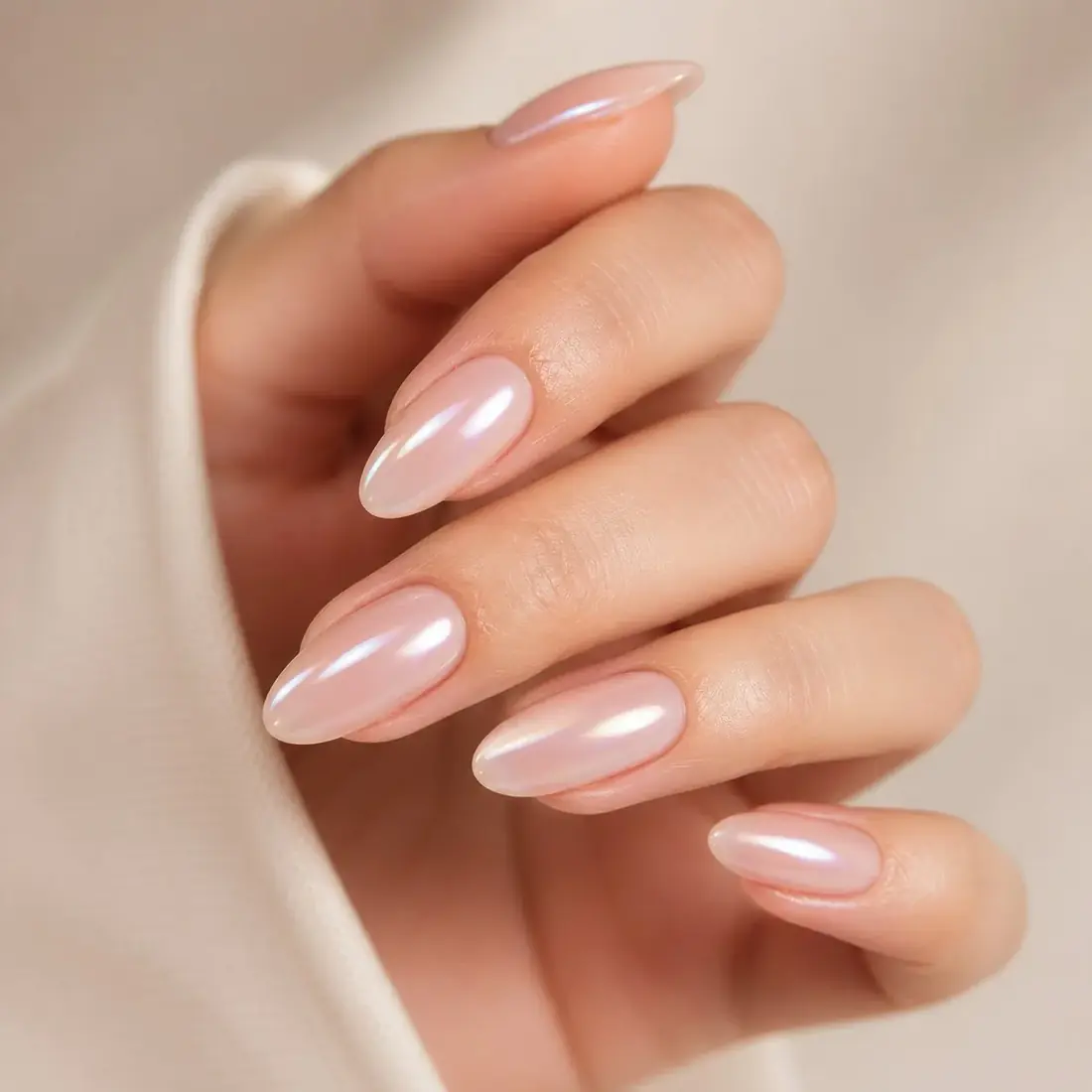 Unhas estilo soft chrome e glazed donut com brilho perolado suave